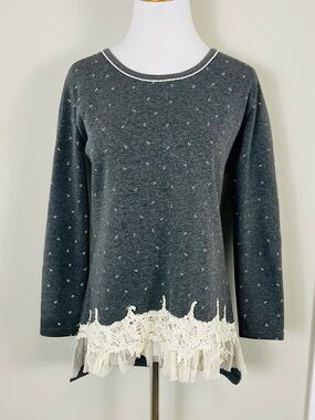 Marc by Marc Jacobs Charcoal Knit Long-Sleeve Top with Cream Lace Hem